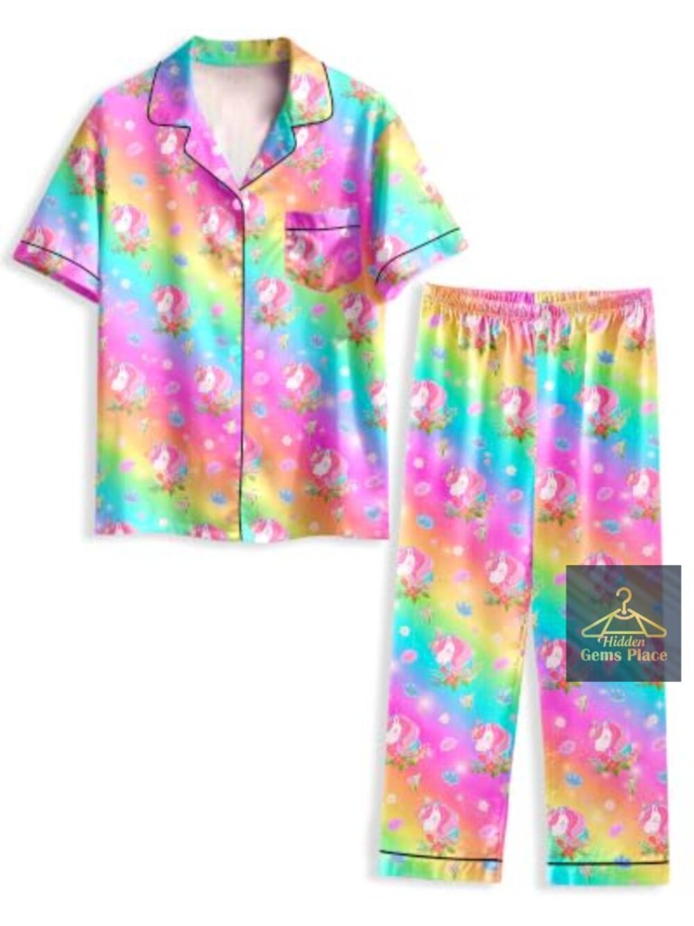 Girls Silky Satin Pajama Set Button Down Short Sleeve Pants Sleepwear